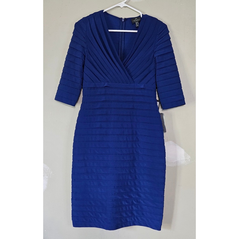 Adrianna Papell Royal Blue Tiered Ribbon Sheath Cocktail Dress V Neck Size 6
